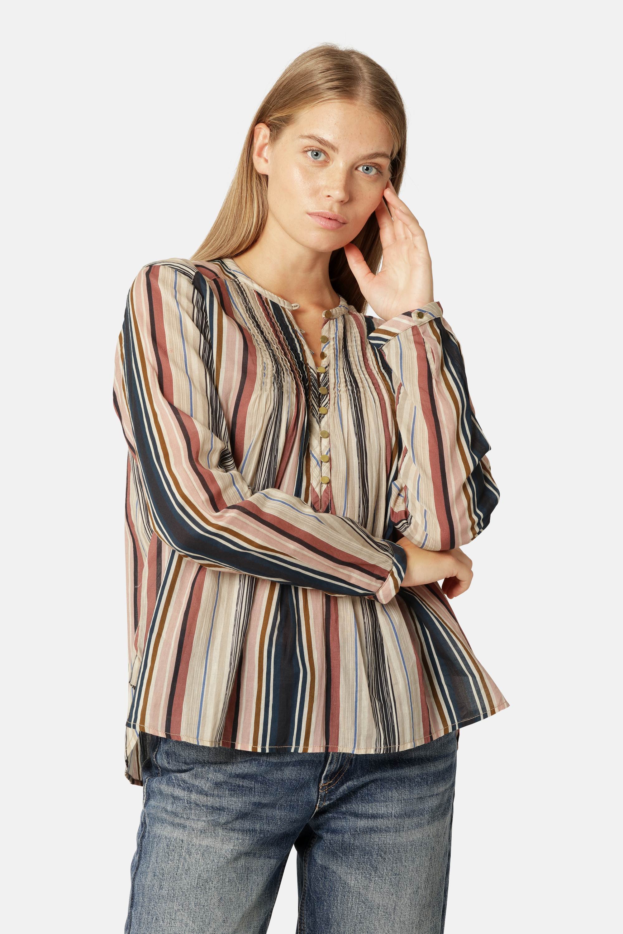 Langärmliges Hemd Pintuck - Beige Organic Stripe